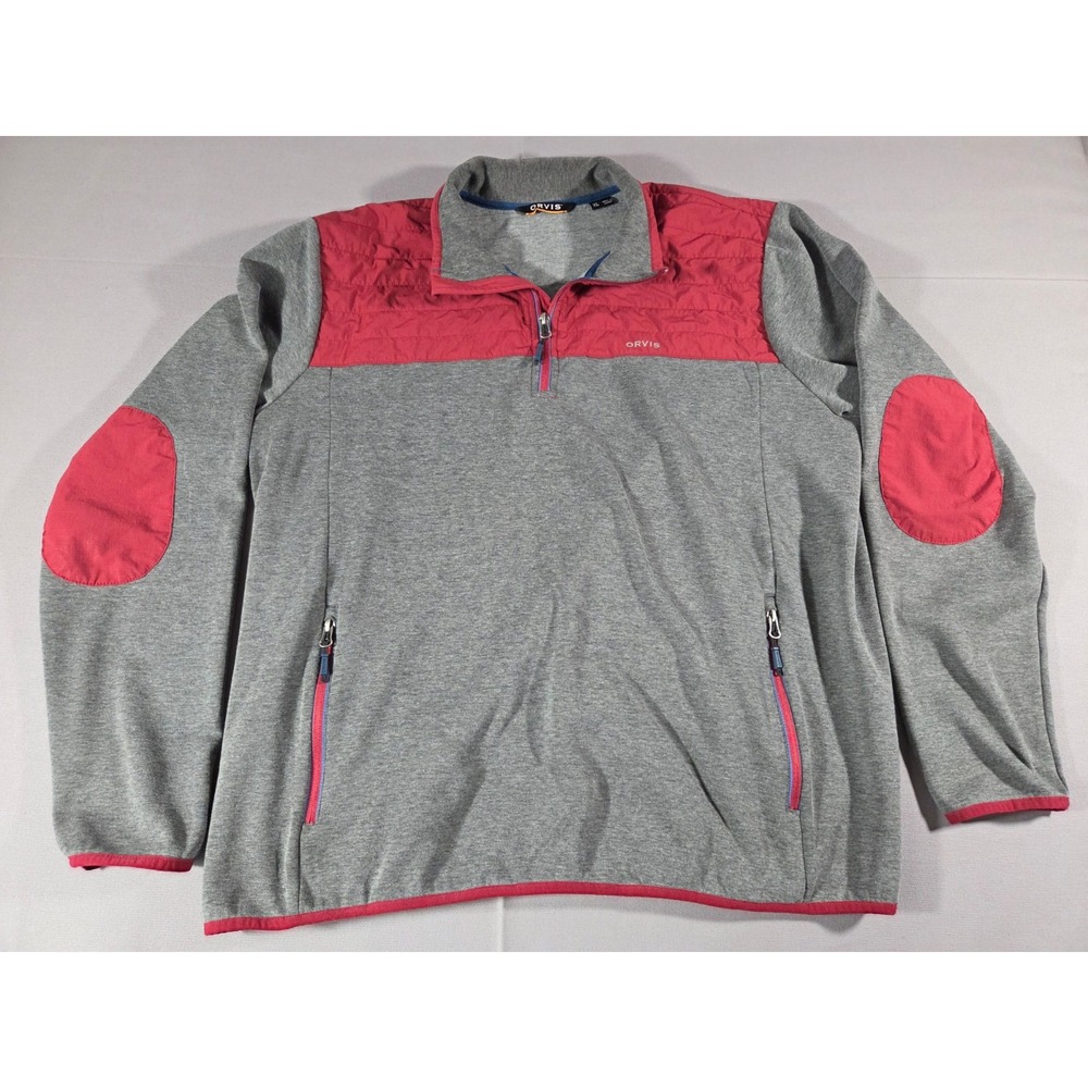 Orvis Jacket Mens Extra Large Gray Red Elbow Patch Utility Outdoor Zip Pullover